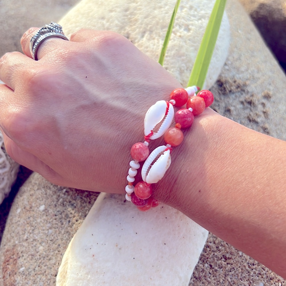 Bracelet two set coral and white seashells handmade